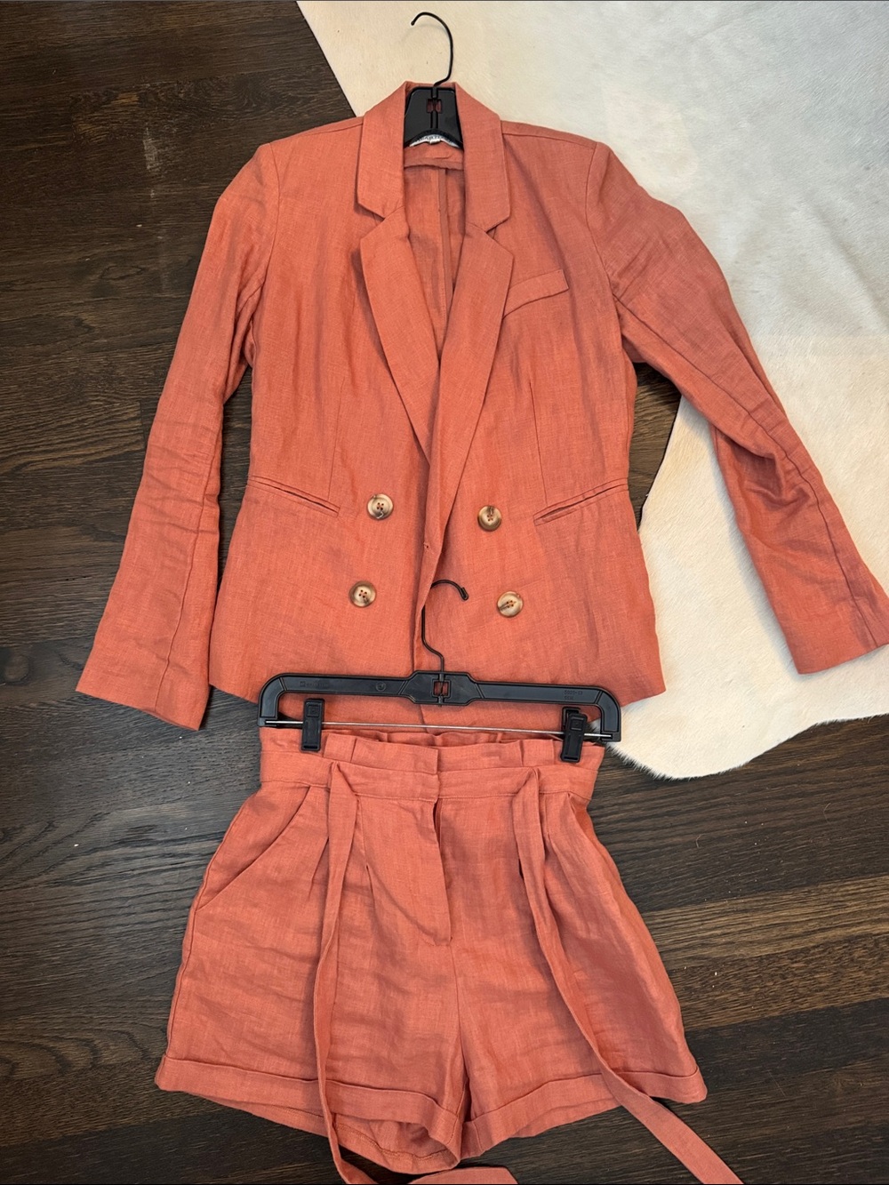 Heartloom Coral Rust Double-Breasted Blazer with High-Waist Shorts